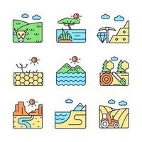 Industrial land RGB color icons set. Agriculture. Mineral mining. Timber industry. Working land areas. Isolated vector illustrations. Simple filled line drawings collection. Editable stroke