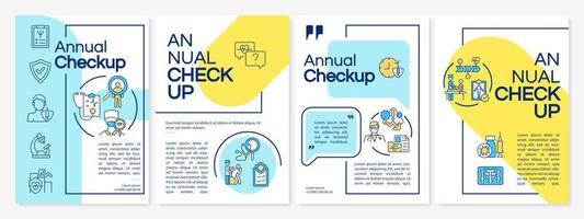 Annual checkup blue and yellow brochure template. Medical exam. Flyer, booklet, leaflet print, cover design with linear icons. Vector layouts for presentation, annual reports, advertisement pages