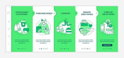 How to minimize waste green onboarding template. Reuse and recycle. Responsive mobile website with linear concept icons. Web page walkthrough 5 step screens. Lato-Bold, Regular fonts used vector