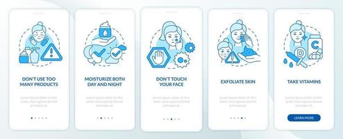 Skincare tips blue onboarding mobile app screen. Health of skin walkthrough 5 steps graphic instructions pages with linear concepts. UI, UX, GUI template. Myriad Pro-Bold, Regular fonts used vector