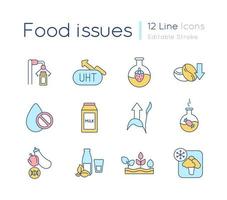 Food issues RGB color icons set. Processing methods. Food preservation. Isolated vector illustrations. Simple filled line drawings collection. Editable stroke. Quicksand-Light font used