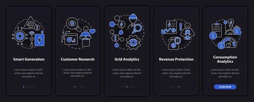 Possibilities of smart grid night mode onboarding mobile app screen. Net walkthrough 5 steps graphic instructions pages with linear concepts. UI, UX, GUI template. Myriad Pro-Bold, Regular fonts used vector