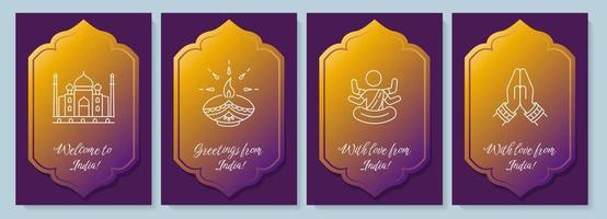 Greetings from Republic of India postcard with linear glyph icon set. Greeting card with decorative vector design. Simple style poster with creative lineart illustration. Flyer with holiday wish