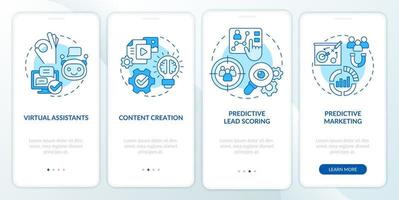 Usage of AI in marketing blue onboarding mobile app screen. Machine walkthrough 4 steps graphic instructions pages with linear concepts. UI, UX, GUI template. Myriad Pro-Bold, Regular fonts used vector