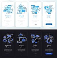 Economic system types night and day mode onboarding mobile app screen. Walkthrough 4 steps graphic instructions pages with linear concepts. UI, UX, GUI template. Myriad Pro-Bold, Regular fonts used vector