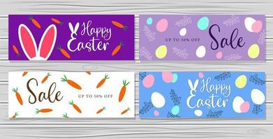 Set of templates for sale collection of easter banners or headers with easter eggs bunny ears and decorations on wooden background, Vector illustration