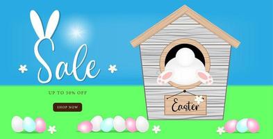 Easter sale banner, with a Funny bunny hiding in a mink, and colorful eggs, Happy Easter holiday, banner or template on a purple background, text editable, Vector illustration