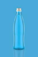 Blue glass bottle with metal lid isolated on blue background. photo