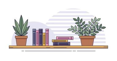 Bookshelf.  Shelf for books with plants in pot. Vector illustration in flat style.