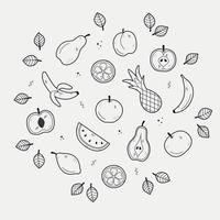 Hand drawing set of fruits. Sketch in doodle style on white background. The set includes icons as apple, pear, peach, pineapple, apricot, watermelon, lemon, orange, banana. Vector illustration