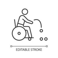 Boccia linear icon. Precision ball throwing sport. Sportsman with physical disability. Thin line customizable illustration. Contour symbol. Vector isolated outline drawing. Editable stroke