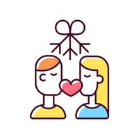 Couple kissing under mistletoe RGB color icon. Christmas mistletoe kiss tradition. Boy and girl under sprig of mistletoe. Couple kissing. Isolated vector illustration. Simple filled line drawing