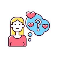 Doubting stage of relationship RGB color icon. Girl hesitating about her romantic life. Woman questioning love relationship. Isolated vector illustration. Simple filled line drawing