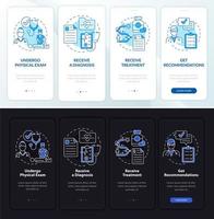 pantalla de la página de la aplicación móvil de incorporación del proceso de fisioterapia. Recorrido de fisioterapia 4 pasos instrucciones gráficas con conceptos. ui, ux, plantilla vectorial gui con ilustraciones en modo día y noche vector