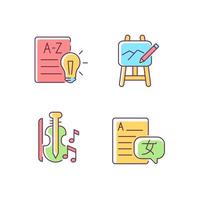 Variety of subjects in school RGB color icons set. Art classes. Music education. Learning foreign languages. Financial literacy. Isolated vector illustrations. Simple filled line drawings collection