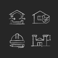 estándares para la construcción residencial iconos blancos de tiza establecidos en un fondo oscuro. ventilación natural. resistencia al clima. inspección. extensiones de techo. ilustraciones vectoriales aisladas de pizarra en negro vector