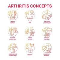 Arthritis red gradient concept icons set. Risk factors and prevention idea thin line color illustrations. Joint and bone disorder. Weight control and fitness. Vector isolated outline drawings