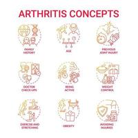 conjunto de iconos de concepto de gradiente rojo de artritis. factores de riesgo e ideas de prevención ilustraciones en color de línea delgada. trastorno articular y óseo. control de peso y fitness. dibujos de contorno aislados vectoriales vector