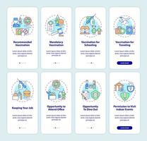 Benefits of getting vaccine onboarding mobile app page screen set. Opportunities walkthrough 4 steps graphic instructions with concepts. UI, UX, GUI vector template with linear color illustrations