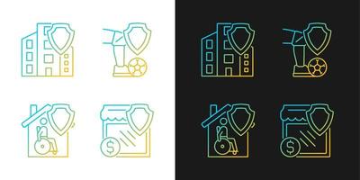 Insurance cases gradient icons set for dark and light mode. Financial compensation at accidents. Thin line contour symbols bundle. Isolated vector outline illustrations collection on black and white