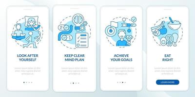 Well balanced life tips blue onboarding mobile app screen. Lifestyle walkthrough 4 steps graphic instructions pages with linear concepts. UI, UX, GUI template. Myriad Pro-Bold, Regular fonts used vector