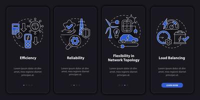 Smart grid features night mode onboarding mobile app screen. Integration walkthrough 4 steps graphic instructions pages with linear concepts. UI, UX, GUI template. Myriad Pro-Bold, Regular fonts used vector