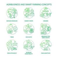 Agribusiness and smart farming green gradient concept icons set. Biomass residues. Energy crops idea thin line color illustrations. Isolated outline drawings. Roboto-Medium, Myriad Pro-Bold fonts used vector