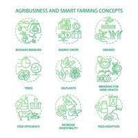 Agribusiness and smart farming green gradient concept icons set. Biomass residues. Energy crops idea thin line color illustrations. Isolated outline drawings. Roboto-Medium, Myriad Pro-Bold fonts used vector