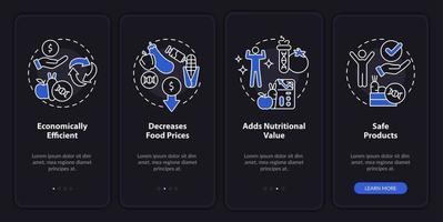 Advantages of gmo night mode onboarding mobile app screen. Food issues walkthrough 4 steps graphic instructions pages with linear concepts. UI, UX, GUI template. Myriad Pro-Bold, Regular fonts used vector