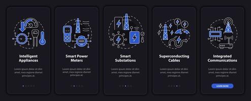 Smart grid components night mode onboarding mobile app screen. System walkthrough 5 steps graphic instructions pages with linear concepts. UI, UX, GUI template. Myriad Pro-Bold, Regular fonts used vector