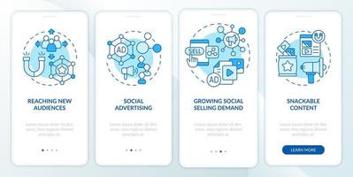 SMM marketing trends blue onboarding mobile app screen. Connection walkthrough 4 steps graphic instructions pages with linear concepts. UI, UX, GUI template. Myriad Pro-Bold, Regular fonts used vector