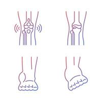 Arthritis leg pain gradient linear vector icons set. Degenerative joint disease. Bursitis condition. Muscles strains. Thin line contour symbols bundle. Isolated outline illustrations collection