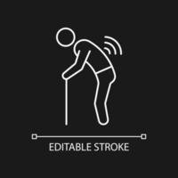 Risk factor linked to age white linear icon for dark theme. Elderly man with back ache. Thin line customizable illustration. Isolated vector contour symbol for night mode. Editable stroke