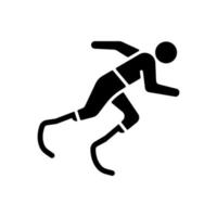 Athletics black glyph icon. Sportsman run across track. Single sport competition. Track, road and field events. Athlete with disability. Silhouette symbol on white space. Vector isolated illustration