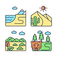 Natural landforms RGB color icons set. Coastal terrain. Hot desert. Boreal forest. Terrestrial biomes. Isolated vector illustrations. Simple filled line drawings collection. Editable stroke
