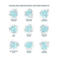 Life balance and biological rhythms turquoise concept icons set. Selfcare idea thin line color illustrations. Isolated outline drawings. Editable stroke. Roboto-Medium, Myriad Pro-Bold fonts used vector