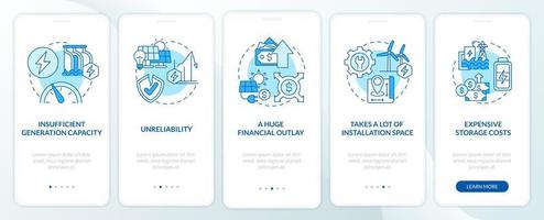 Problems with renewable energy onboarding mobile app page screen. Installation space walkthrough 5 steps graphic instructions with concepts. UI, UX, GUI vector template with linear color illustrations