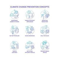 conjunto de iconos de concepto de gradiente azul de prevención del cambio climático. evitar la idea del calentamiento global ilustraciones en color de línea delgada. dibujos de contorno aislados. roboto-medium, innumerables fuentes pro-bold utilizadas vector