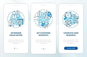 Pricing strategy development blue onboarding mobile app screen. Walkthrough 3 steps graphic instructions pages with linear concepts. UI, UX, GUI template. Myriad Pro-Bold, Regular fonts used vector