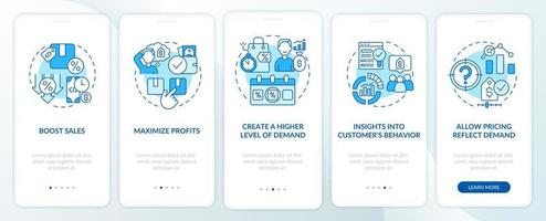 Dynamic pricing benefits blue onboarding mobile app screen. High demand walkthrough 5 steps graphic instructions pages with linear concepts. UI, UX, GUI template. Myriad Pro-Bold, Regular fonts used vector