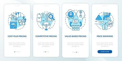 Pricing approaches blue onboarding mobile app screen. Competitive pricing walkthrough 4 steps graphic instructions pages with linear concepts. UI, UX, GUI template. Myriad Pro-Bold, Regular fonts used vector