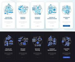 Mixed economy features night and day mode onboarding mobile app screen. Walkthrough 5 steps graphic instructions pages with linear concepts. UI, UX, GUI template. Myriad Pro-Bold, Regular fonts used vector