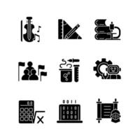 Different types of school subjects black glyph icons set on white space. Scientific study. Music classes in educational institutions. Silhouette symbols. Vector isolated illustration