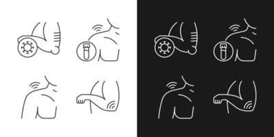 Shoulder and elbow pain linear icons set for dark and light mode. Autoimmune condition. Rheumatism blood test. Customizable thin line symbols. Isolated vector outline illustrations. Editable stroke