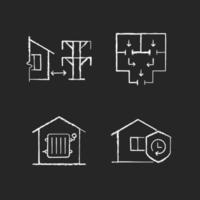 Home building regulation chalk white icons set on dark background. Distance from electric lines. Fire escape route. Required heating. Durability. Isolated vector chalkboard illustrations on black