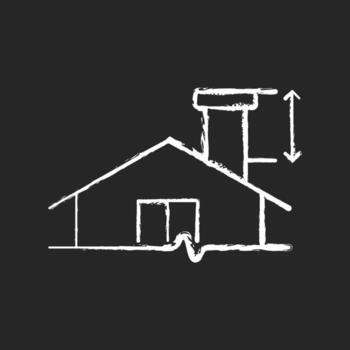 Minimum chimney height chalk white icon on dark background. Building requirements. Installing flue in residential property. Properly sized structure. Isolated vector chalkboard illustration on black