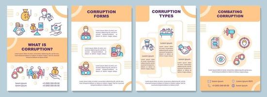 What is corruption brochure template. Fraus and bribary combat. Flyer, booklet, leaflet print, cover design with linear icons. Vector layouts for presentation, annual reports, advertisement pages