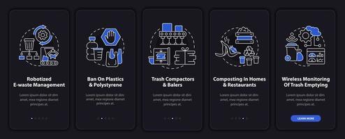 Tendencias de reciclaje de residuos incorporando la pantalla de la página de la aplicación móvil. Tutorial de gestión de basura Instrucciones gráficas de 5 pasos con conceptos. ui, ux, plantilla vectorial gui con ilustraciones lineales en modo nocturno vector