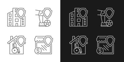 Insurance policy types linear icons set for dark and light mode. Financial compensation at accidents. Safety guaranty. Customizable thin line symbols. Isolated vector outline illustrations