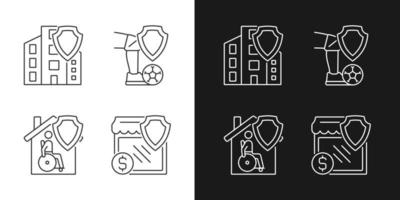 Insurance policy types linear icons set for dark and light mode. Financial compensation at accidents. Safety guaranty. Customizable thin line symbols. Isolated vector outline illustrations